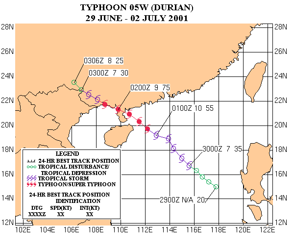 榴槤的路徑圖（聯合颱風警報中心）