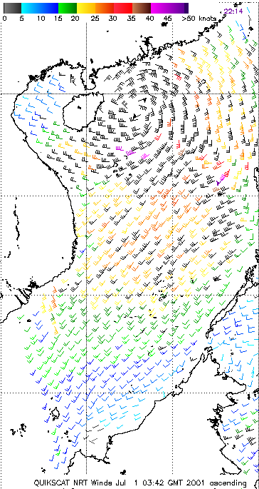 2001年7月1日清晨時份的QuikSCAT風場圖