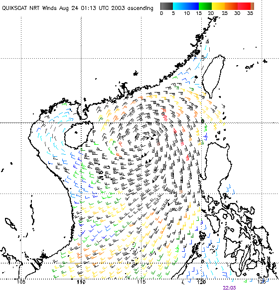 2003年8月24日清晨時份的QuikSCAT風場圖