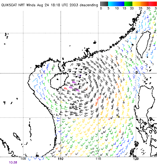 2003年8月24日黃昏的QuikSCAT風場圖