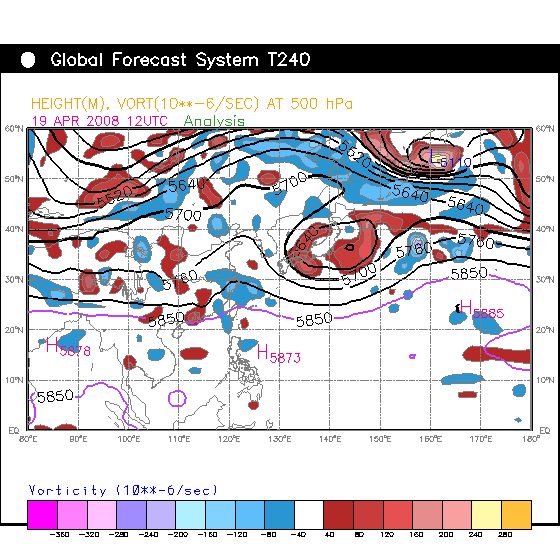 2008年4月19日12時(UTC)的500百帕位勢高度及渦度圖