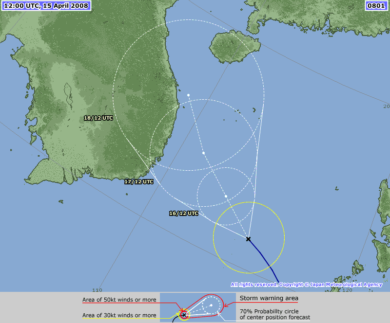 日本氣象廳在2008年4月15日12時(UTC)的路徑圖