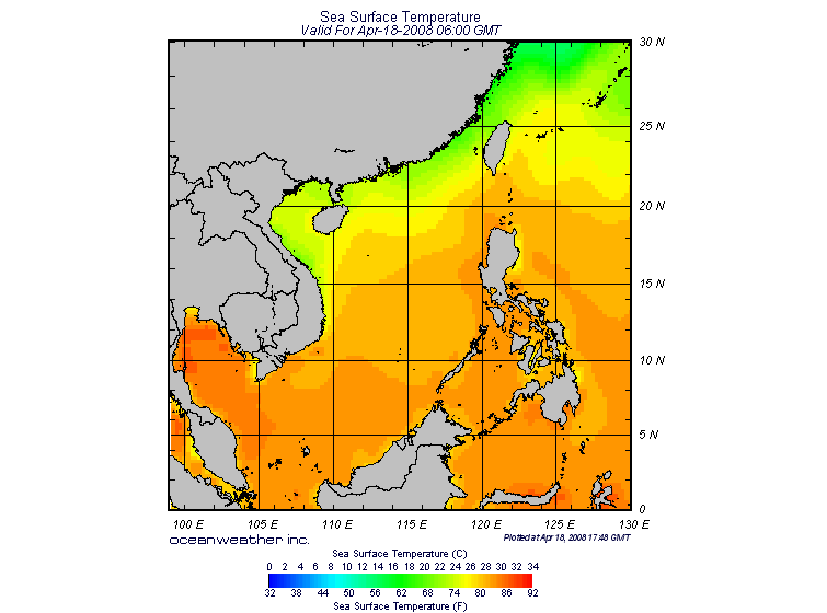 2008年4月18日下牛2時的表層海水溫度圖