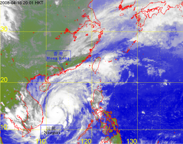 2008年4月16日晚上8時的紅外線衛星雲圖