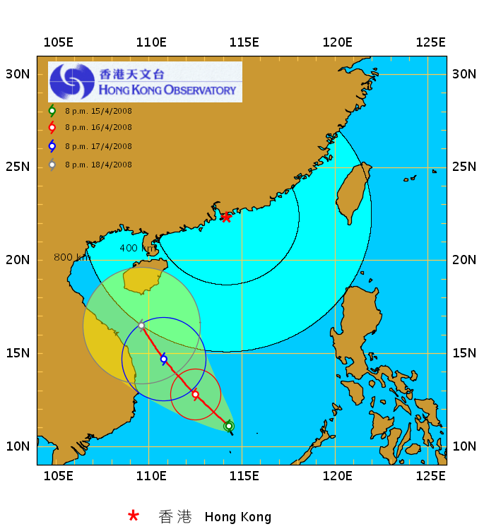 香港天文台在2008年4月15日14時(UTC)的船舶熱帶氣旋警告路徑圖