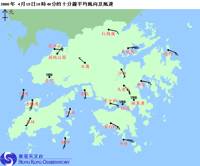 2008年4月19日下午6時40分的各區風向及風速圖