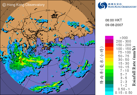 2007年8月9日上午6時的雷達回波圖像