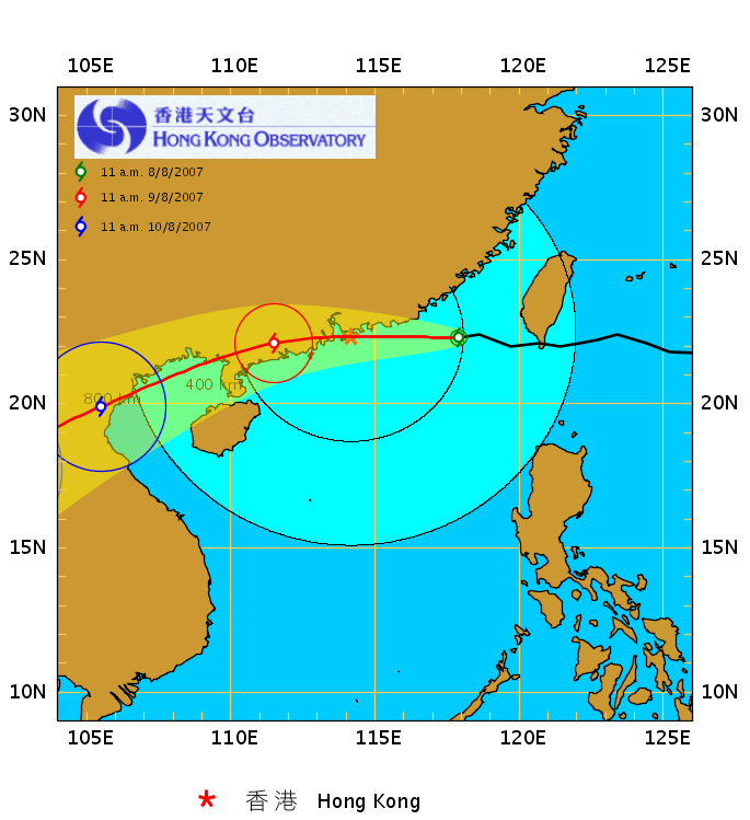 2007年8月8日上午11時的船舶熱帶氣旋警告路徑圖