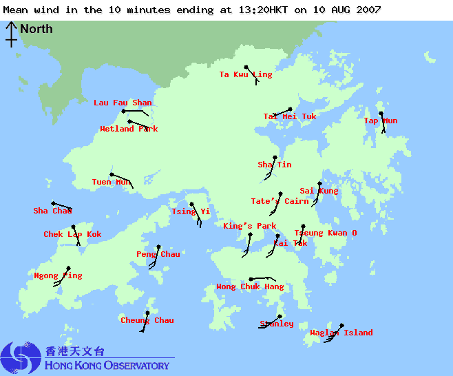 2007年8月10日下午1時20分的各區風向及風速圖