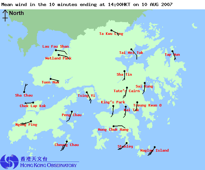 2007年8月10日下午2時的各區風向及風速圖