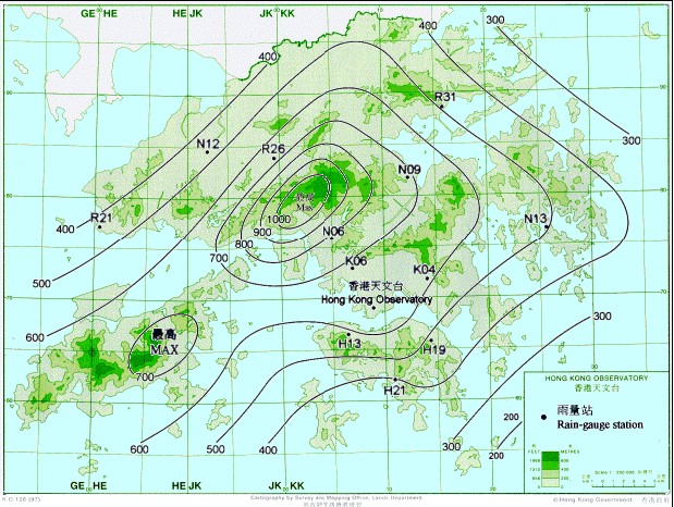 颱風森姆影響期間香港各區錄得的雨量分佈圖。