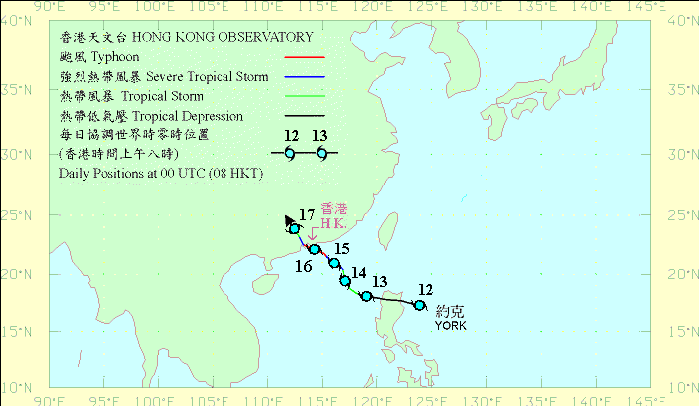 颱風約克的路徑圖(香港天文台提供)