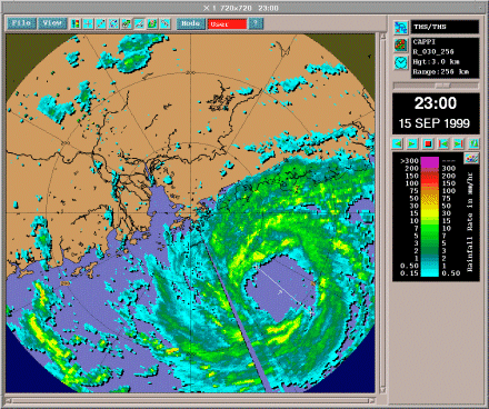 1999年9月15日晚上11時的雷達回波圖,可見約克的風眼廣闊,與其相關的惡劣天氣已相關接近本港。